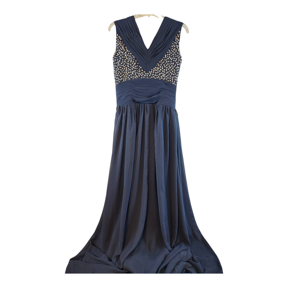 JJ's House navy blue silver floor length formal gown prom bridal event evening - Picture 2 of 13